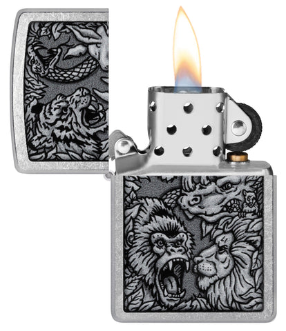 Zippo Jungle Design Street Chrome Windproof Lighter with its lid open and lit.