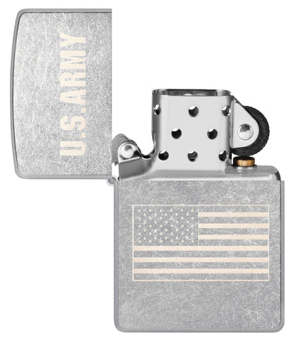Zippo U.S. Army US Flag Laser Engrave Street Chrome Windproof Lighter with its lid open and unlit.