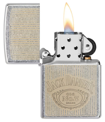 Jack Daniel's® Logo Street Chrome™ Windproof Lighter with its lid open and lit.