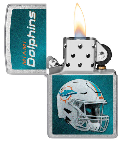 NFL Miami Dolphins Helmet Street Chrome Windproof Lighter with its lid open and lit.