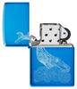 Whale Design High Polish Blue Windproof Lighter with its lid open and unlit.