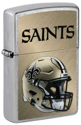 Front shot of NFL New Orleans Saints Helmet Street Chrome Windproof Lighter standing at a 3/4 angle.