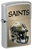 Front shot of NFL New Orleans Saints Helmet Street Chrome Windproof Lighter standing at a 3/4 angle.