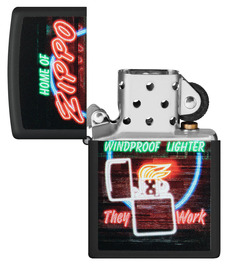 Neon Sign Design Black Matte Windproof Lighter with its lid open and unlit.