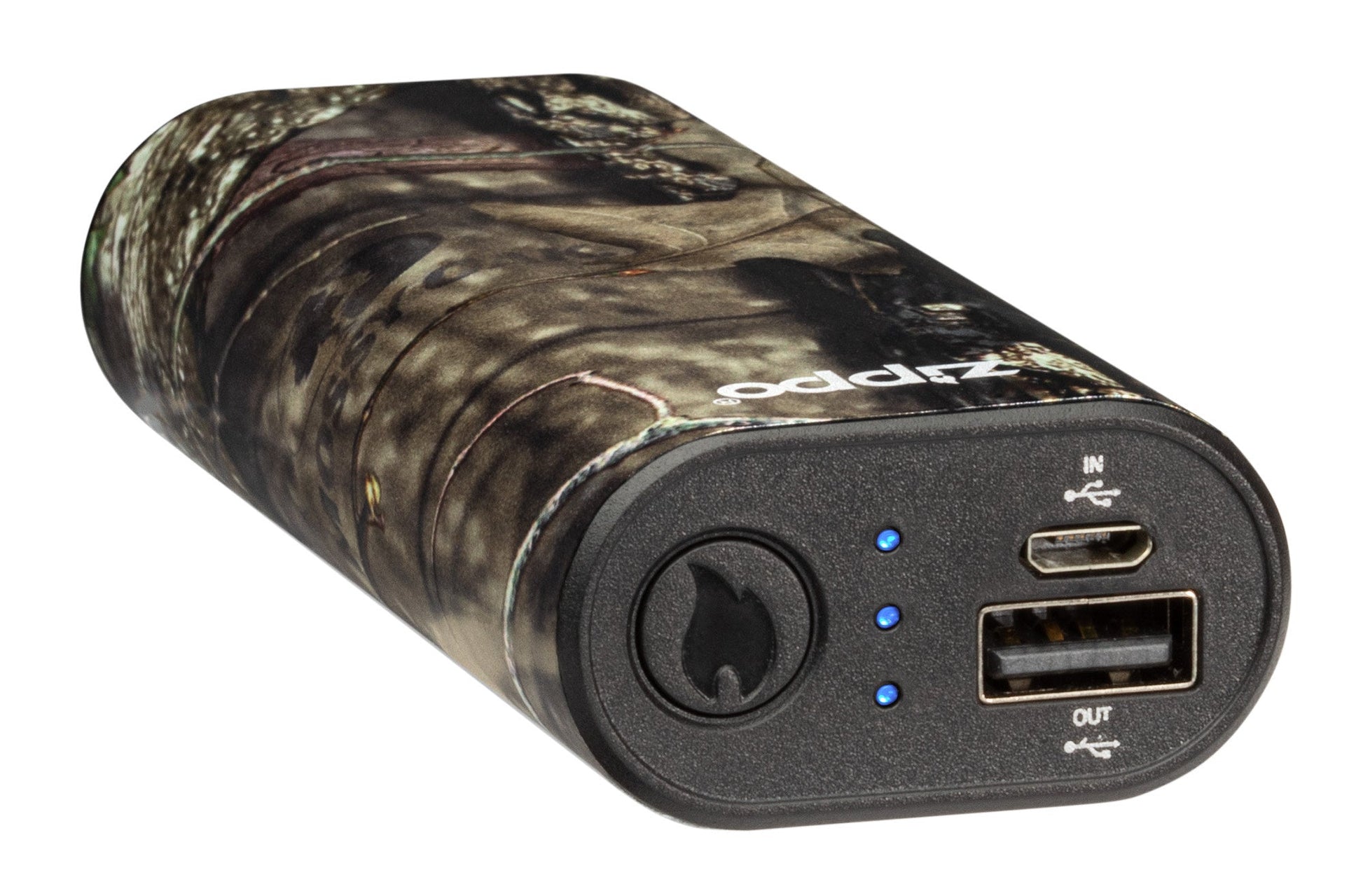Mossy OakÂ® Break-Up CountryÂ® HeatBankÂ® 6 Rechargeable Hand Warmer laying flat, showing the power buttons.