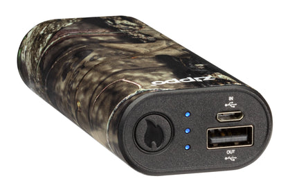 Mossy OakÂ® Break-Up CountryÂ® HeatBankÂ® 6 Rechargeable Hand Warmer laying flat, showing the power buttons.