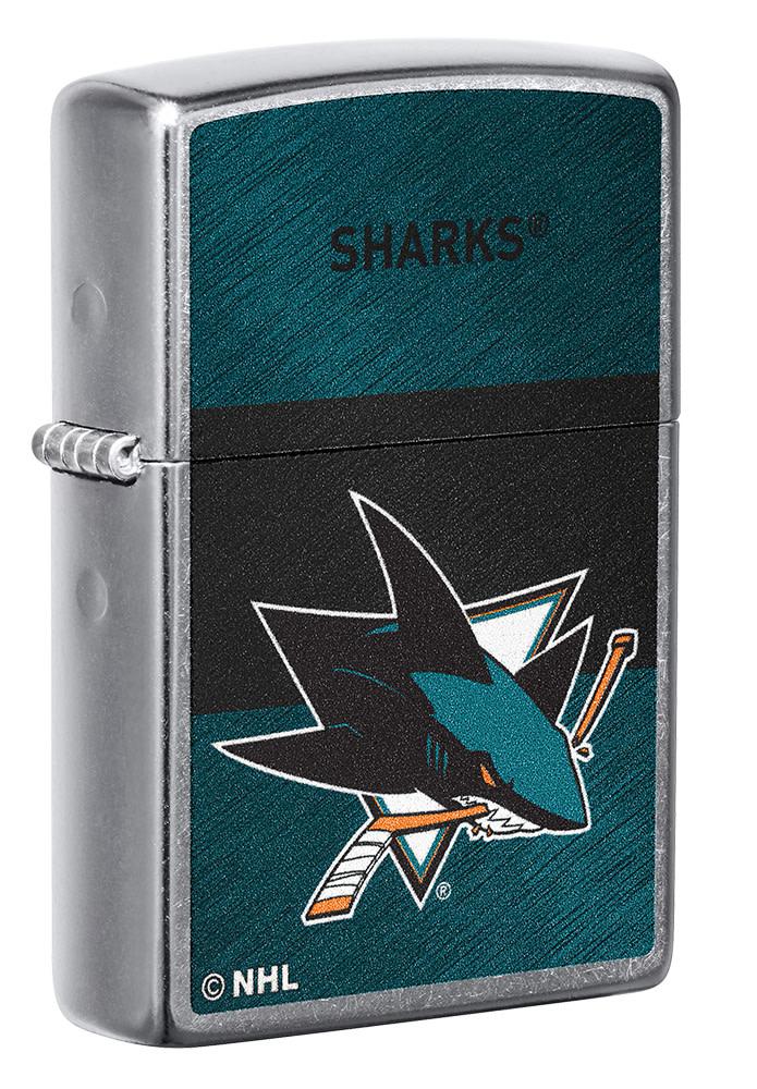 Front shot of NHL® San Jose Sharks Street Chrome™ Windproof Lighter standing at a 3/4 angle