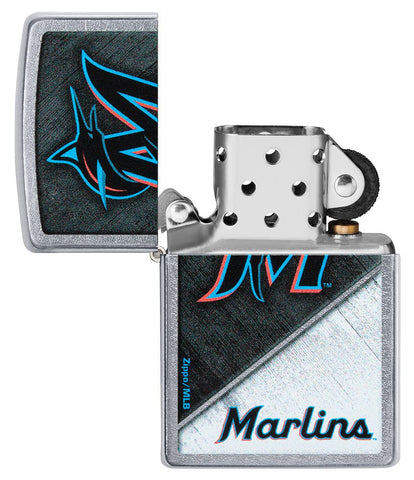 MLB® Miami Marlins™ Street Chrome™ Windproof Lighter with its lid open and unlit.