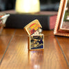 Lifestyle image of Zfusion Desert High Polish Brass Windproof Lighter standing on a side stand