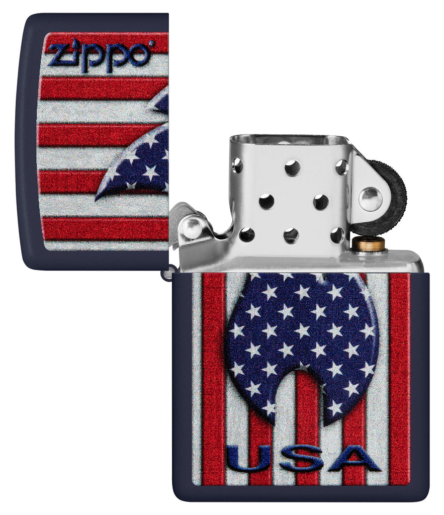 Zippo Patriotic Flame Design Navy Matte Windproof Lighter with its lid open and unlit.