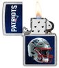 NFL New England Patriots Helmet Street Chrome Windproof Lighter with its lid open and lit.