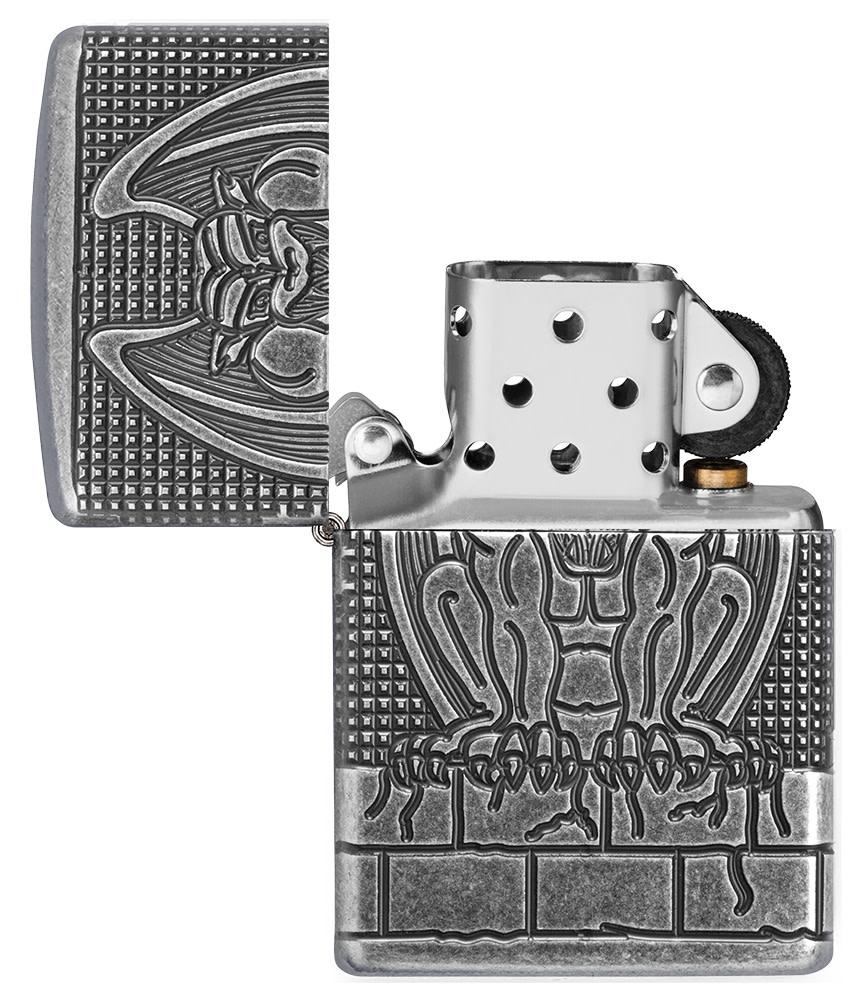 Armorr Antique Silver Gargoyle Windproof Lighter with its lid open and unlit
