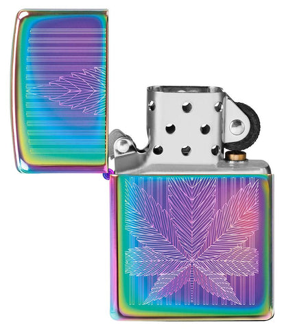 Cannabis Leaf Design Multi Color Windproof Lighter with its lid open and unlit.