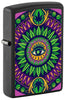 Front shot of Zippo Black Light Cannabis Pattern Design Black Matte Windproof Lighter standing at a 3/4 angle.