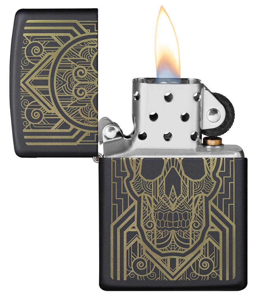 Art Deco Skull Black Matte Windproof Lighter with its lid open and lit