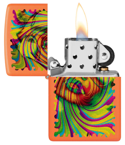 Zippo Sunglass Woman Design Orange Matte Windproof Lighter with its lid open and lit.
