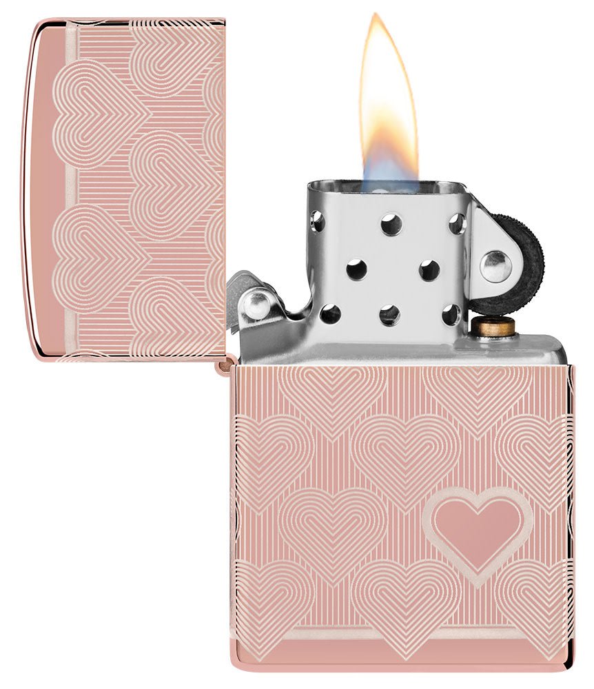 Heart Design High Polish Rose Gold Windproof Lighter with its lid open and lit.