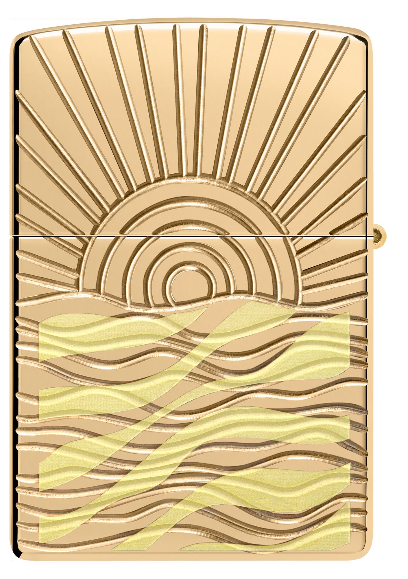 Front shot of SunBeam Pendant ArmorÂ® High Polish Brass Windproof Lighter.