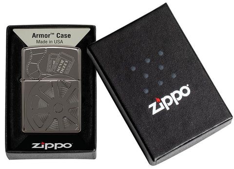 Celebrating Movies Armor® Black Ice® Windproof Lighter in it's packaging.