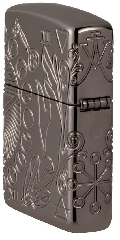 Wicca Design ArmorÂ® Black IceÂ® Windproof Lighter standing at an angle, showing the back and hinge side of the lighter.