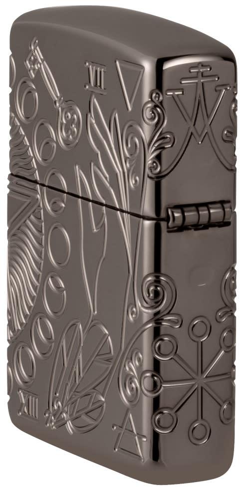 Wicca Design Armor® Black Ice® Windproof Lighter standing at an angle, showing the back and hinge side of the lighter.