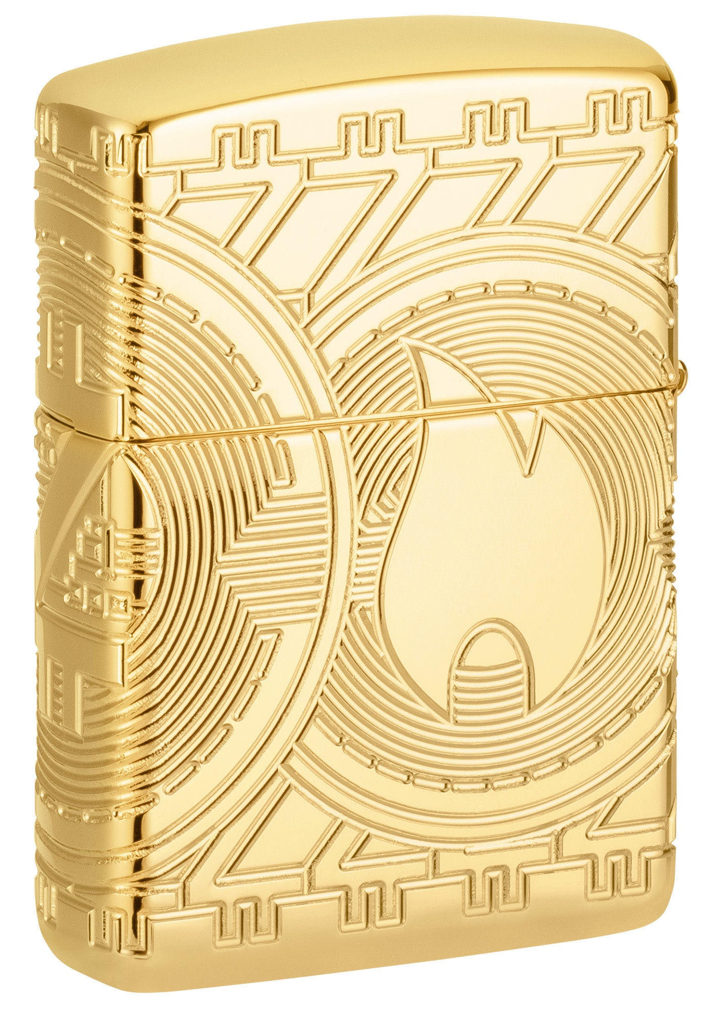 Back shot of Currency Design ArmorÂ® High Polish Gold Windproof Lighter standing at a 3/4 angle.