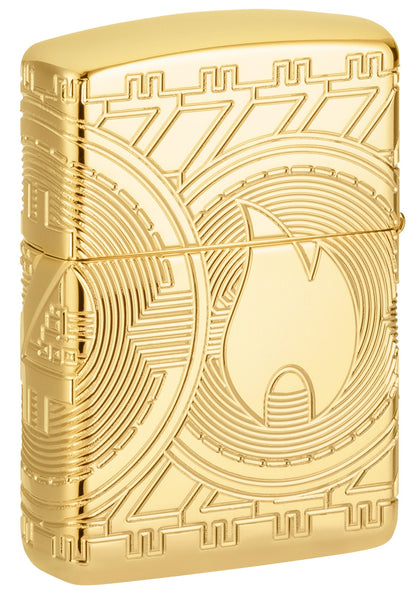 Back shot of Currency Design ArmorÂ® High Polish Gold Windproof Lighter standing at a 3/4 angle.