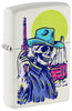 Front shot of Zippo Wild West Skeleton Design White Matte Windproof Lighter standing at a 3/4 angle.