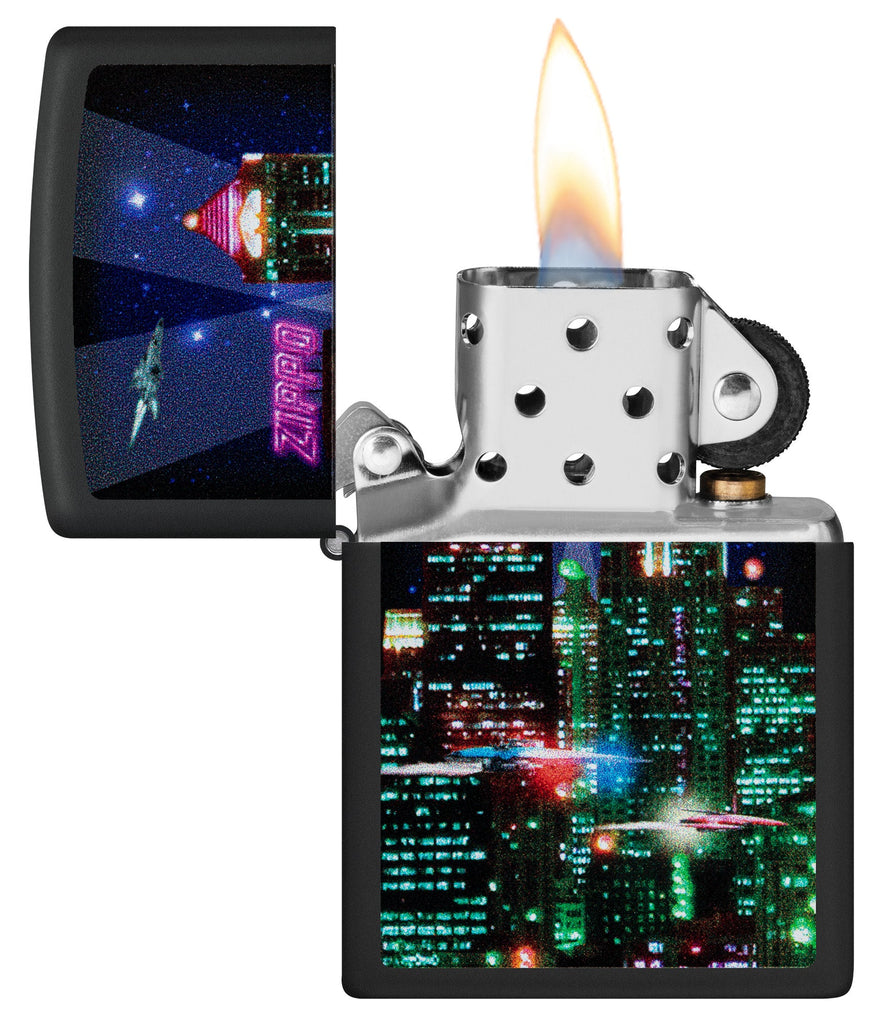 Zippo Zippo Cyber City Design Black Matte Windproof Lighter  Lighter with its lid open and lit.
