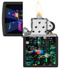 Zippo Zippo Cyber City Design Black Matte Windproof Lighter  Lighter with its lid open and lit.