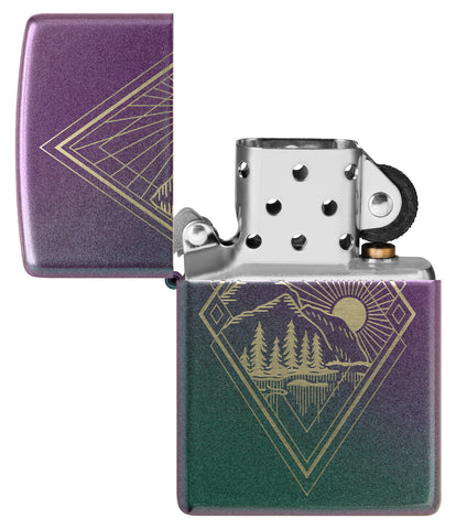 Geometric Outdoor Design Iridescent Windproof Lighter with its lid open and unlit.