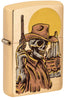 Front shot of Zippo Wild West Skeleton Design Brushed Brass Windproof Lighter standing at a 3/4 angle.