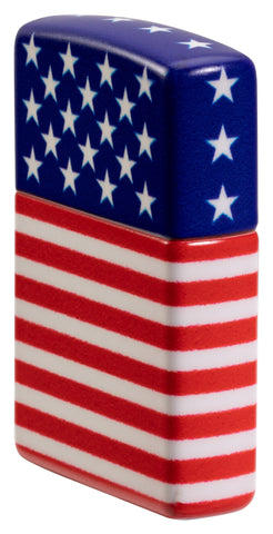 Angled shot of Zippo Stars and Stripes Flag Design 540 Color Matte Windproof Lighter showing the front and right side of the lighter.