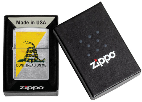 Dont Tread On Me Flag Design Street Chrome™ Windproof Lighter in it's packaging.
