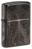 Front view of Rib Cage Design High Polish Black Windproof Lighter standing at a 3/4 angle.