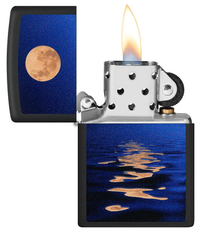 Full Moon Design Black Light Black Matte Windproof Lighter with its lid open and lit.
