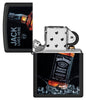 Jack Daniel's Jack Lives Here Black Matte Windproof Lighter with its lid open and unlit.