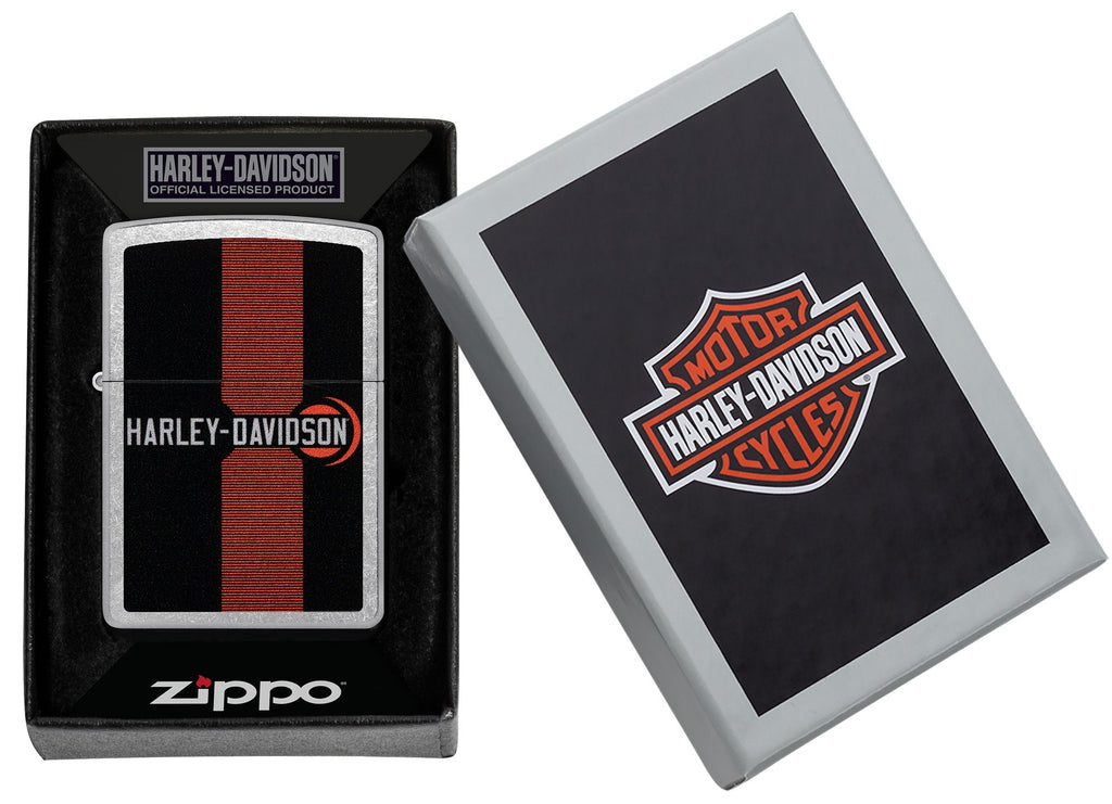 Zippo Harley-Davidson Logo Design Street Chrome Windproof Lighter in its packaging.