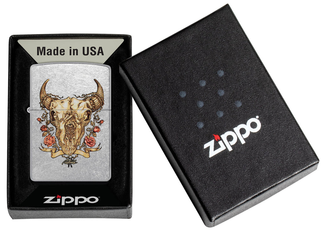 Zippo Rick Rietveld Floral Bull Skull Street Chrome Windproof Lighter in its packaging.