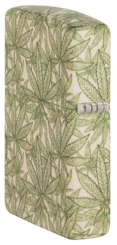 Angled shot of Cannabis Design 540 Color Leaves Windproof Lighter, showing the back and hinge side of the lighter.