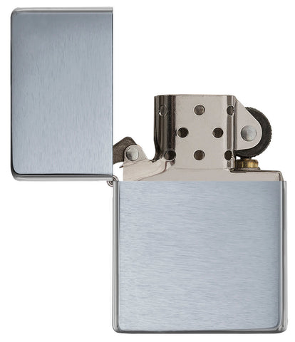 Brushed Chrome Vintage Windproof Lighter with its lid open and unlit.