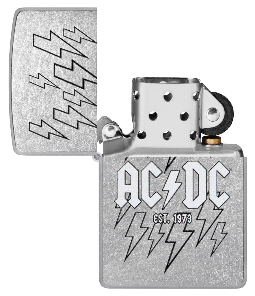 Zippo AC/DC Design Street Chrome Windproof Lighter with its lid open and unlit.