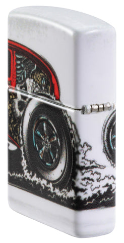 Angled shot of Zippo Hot Rod Design 540 Color Matte Windproof Lighter showing the back and hinge side of the lighter.