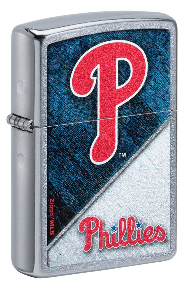 Front shot of MLB™ Philadelphia Phillies™ Street Chrome™ Windproof Lighter standing at a 3/4 angle.