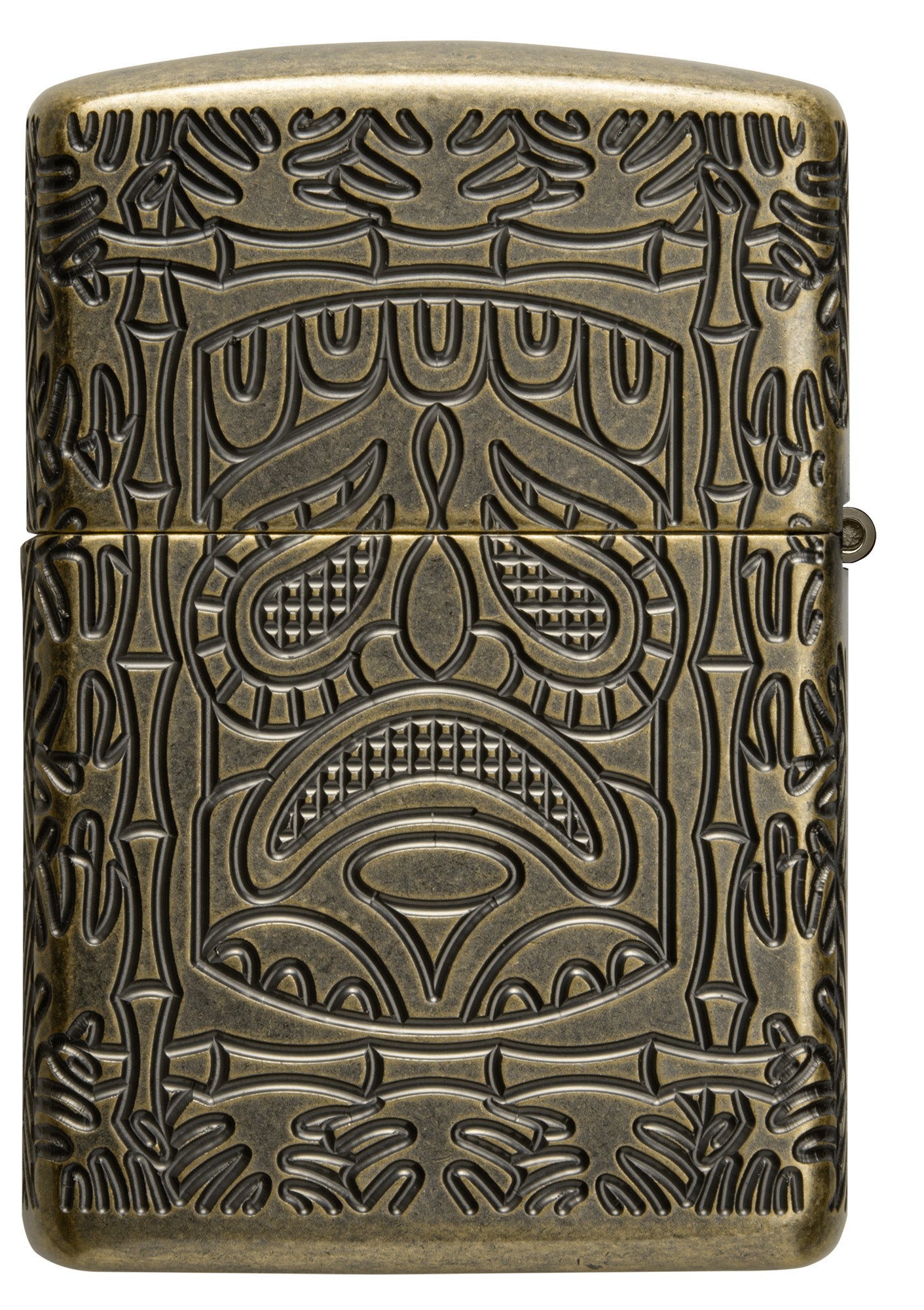 Tiki Design ArmorÂ® Antique Brass Windproof Lighter with its lid open and unlit.