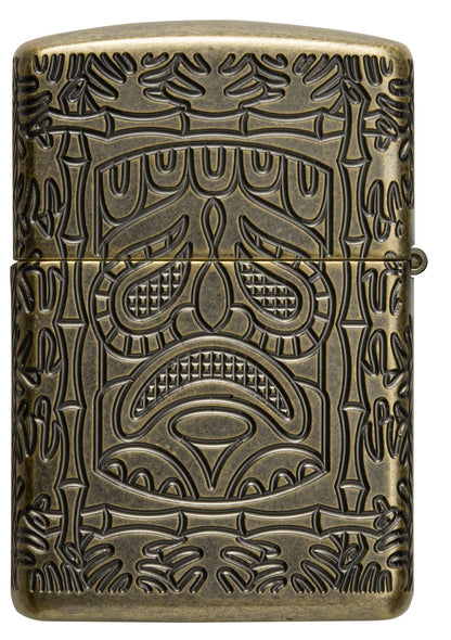 Tiki Design ArmorÂ® Antique Brass Windproof Lighter with its lid open and unlit.