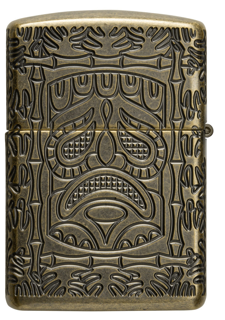 Tiki Design Armor® Antique Brass Windproof Lighter with its lid open and unlit.