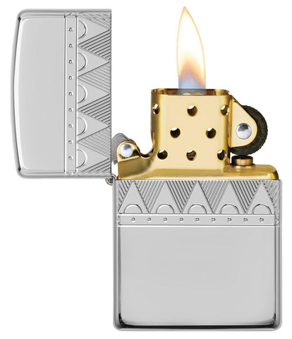 Armor® Sterling Silver Diamond Pattern Design Windproof Lighter with its lid open and lit
