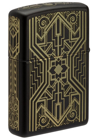 Back view of Art Deco Skull Black Matte Windproof Lighter standing at a 3/4 angle