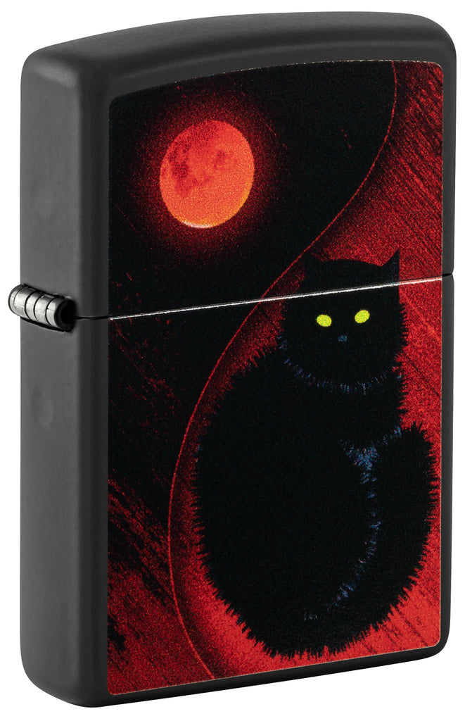 Front shot of Black Cat Design Black Matte Windproof Lighter standing at a 3/4 angle.